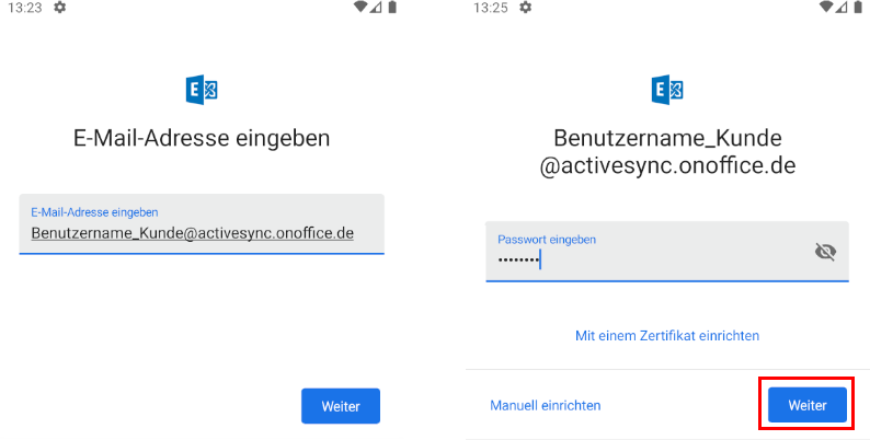 Exchange Konto, Benutzername und Passwort