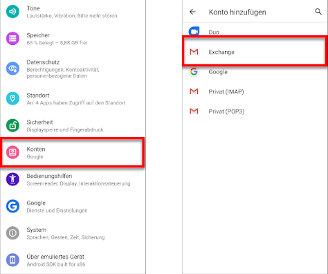 Unter Einstellungen > Konten > Konto hinzufügen: Exchange