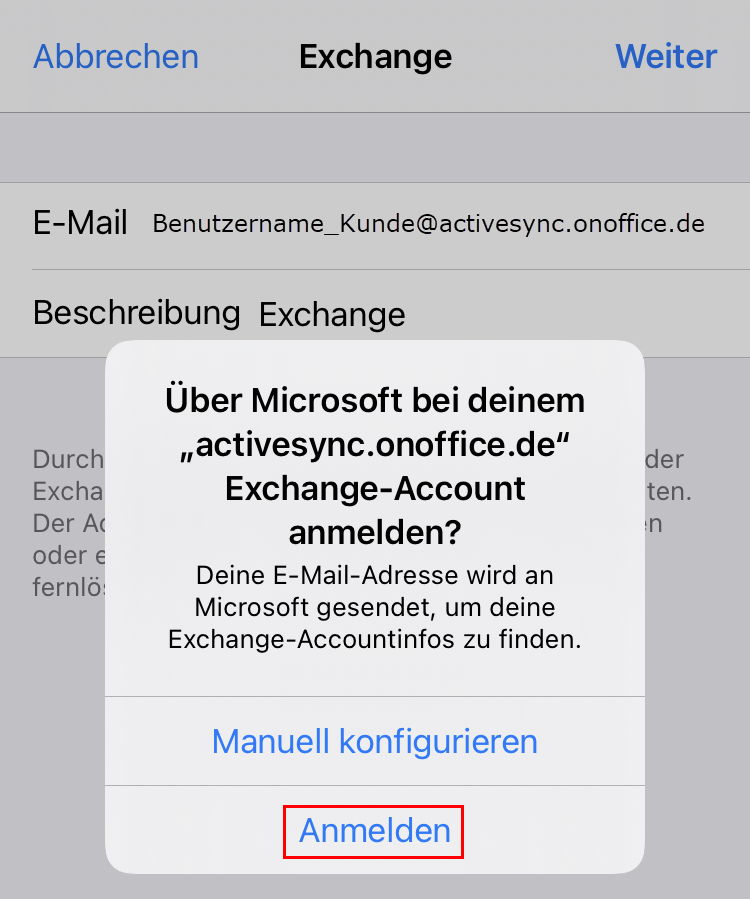 Exchange Konto, Benutzername und Passwort