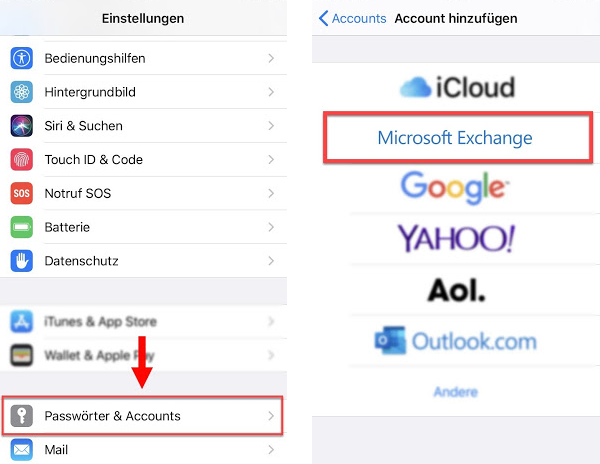 Unter Einstellungen > Passwörter & Accounts > Microsoft Exchange auswählen